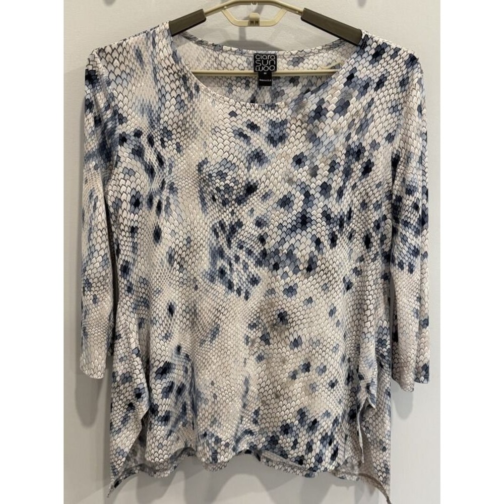 Clara Sun Woo Womens 3/4 Sleeve Tunic Shirt Stretch Blue White Scale Print M
